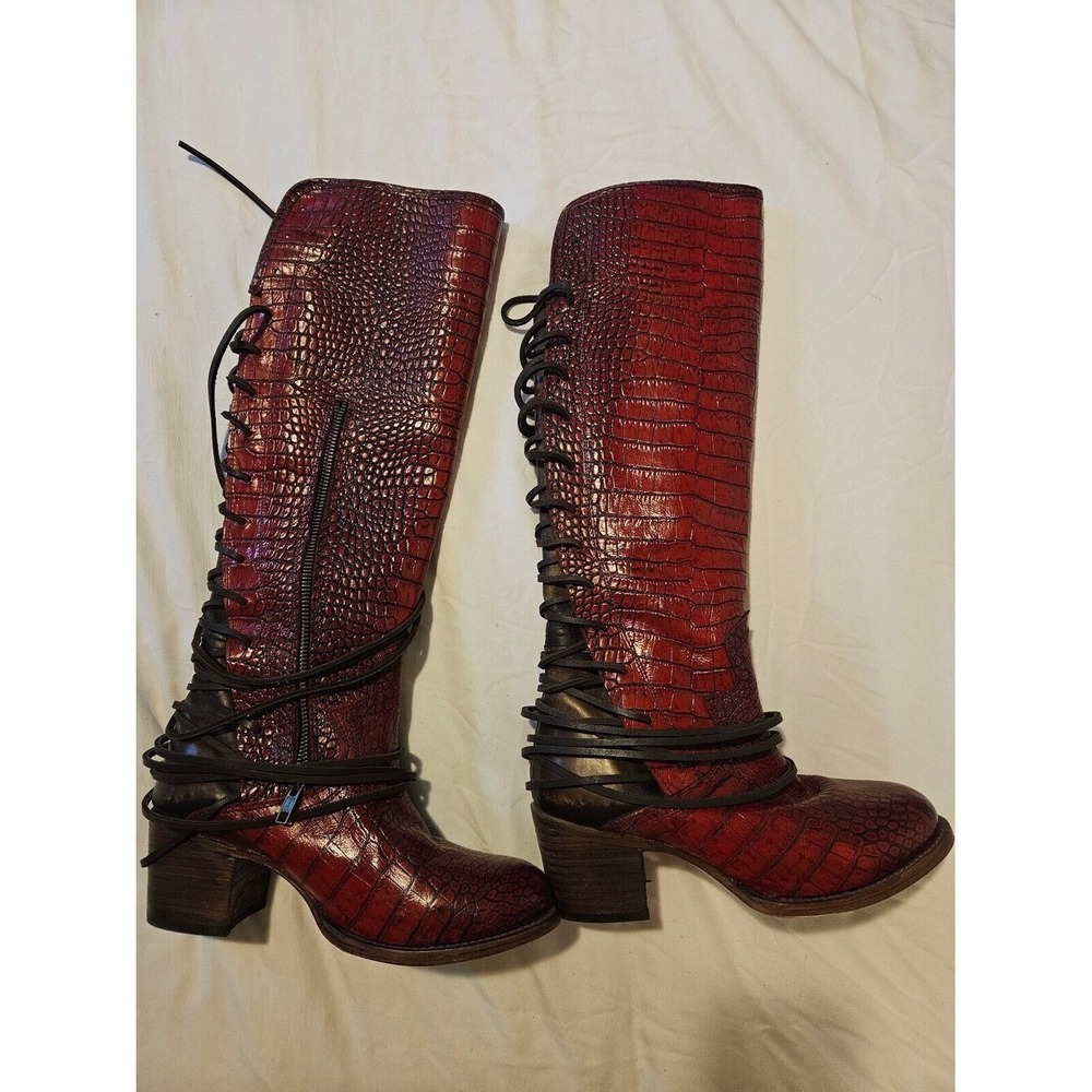 Freebird Red Croc-Embossed Leather Knee-High Boots Lace-Up Block Heel